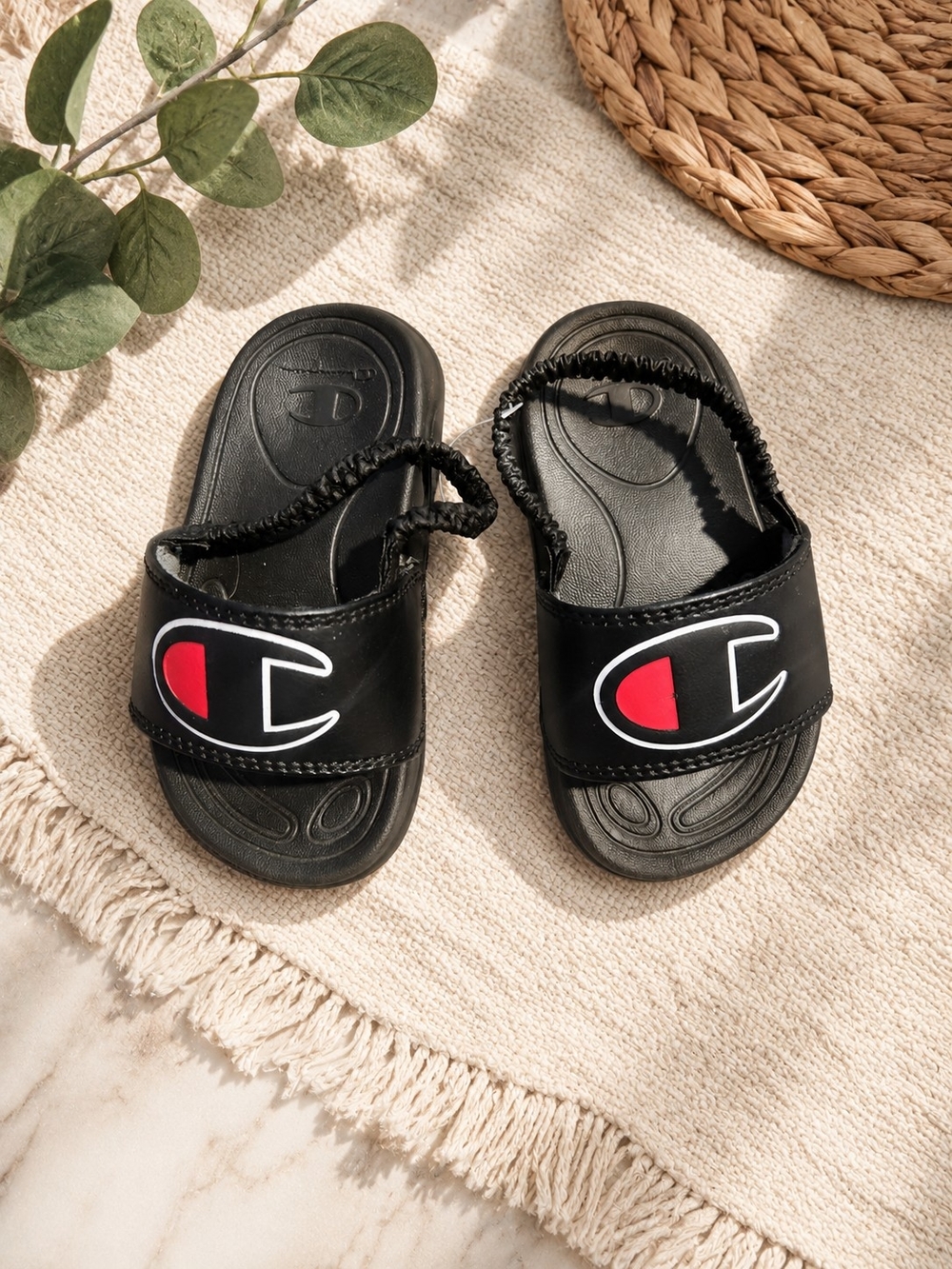 NWOT Champion Black Kids Slide Sandals with Red Logo Accent